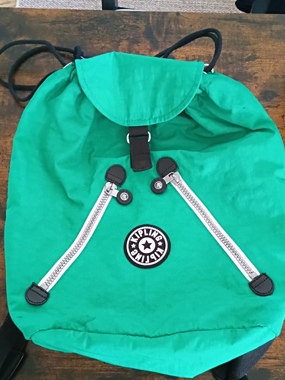 Kipling Bright Teal Drawstring Backpack with Front Zip Accents
